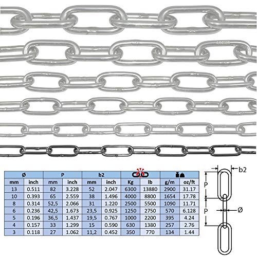 100-cm = 1-metros 3-mm cadena de acero inoxidable de espesor fabricado en V4A de eslabón largo de NietFullThings en cada unidad Cadena de anclaje DIN 5685 DIN 763 1-m