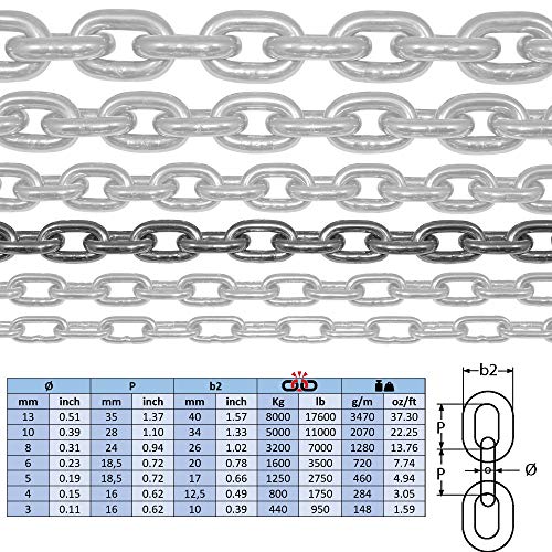 100-cm = 1-metros 5-mm de espesor de cadena de acero inoxidable de eslabón corto de NietFullThings en cada unidad cadena de anclaje DIN 5685 DIN 766 1-m