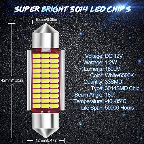 10Pcs 42mm LED Bombillas Festoon,C5W 33-3014LED Luz Interior de Coche Festón Lámpara 12V 6000K Canbus para Luz de la placa del auto Bombillas de techo