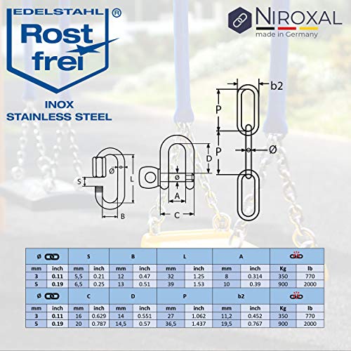 150-cm = 1,5 metros 3 mm cadena de extensión de acero inoxidable de 5 mm de espesor carga de ruptura max 350 kg con grilletes mosquetón de cadena de V4A set de montaje suspensión de saco de boxeo