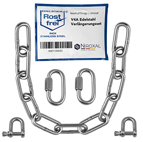 150-cm = 1,5 metros 3 mm cadena de extensión de acero inoxidable de 5 mm de espesor carga de ruptura max 350 kg con grilletes mosquetón de cadena de V4A set de montaje suspensión de saco de boxeo