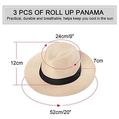3 Piezas de Sombrero de Paja de Panama para Mujer Sombrero de Paja de ala Ancha Sombrero Enrollable Sombrero de Sol de Playa (Marrón, Caqui, Beige)