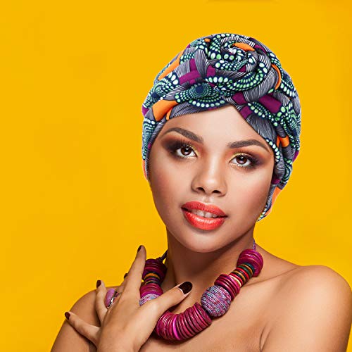 3 Piezas Turbantes Africanos para Mujer Envoltura de Cabeza Gorro de Nudo Pre-Atado (Flor Amarilla, Flor Negra, Flor Morada)