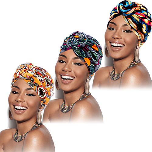 3 Piezas Turbantes Africanos para Mujer Envoltura de Cabeza Gorro de Nudo Pre-Atado (Flor Amarilla, Flor Negra, Flor Morada)