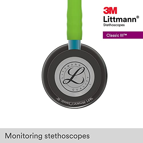 3M Littmann Classic III Fonendoscopio para monitorización, campana de acabado en color Gris Humo, tubo Verde limón, vástago Azul y auricular color Gris Humo, 69 cm, 5875