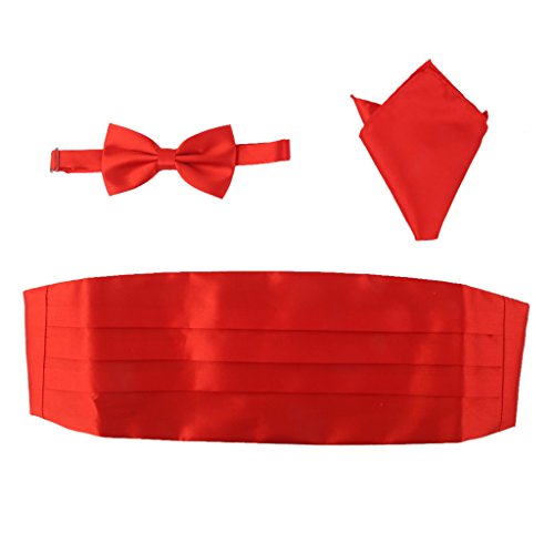 3pcs Conjunto de Pajarita Lazo de Corbata Pañuelo Fajín Satén para Hombre (rojo)