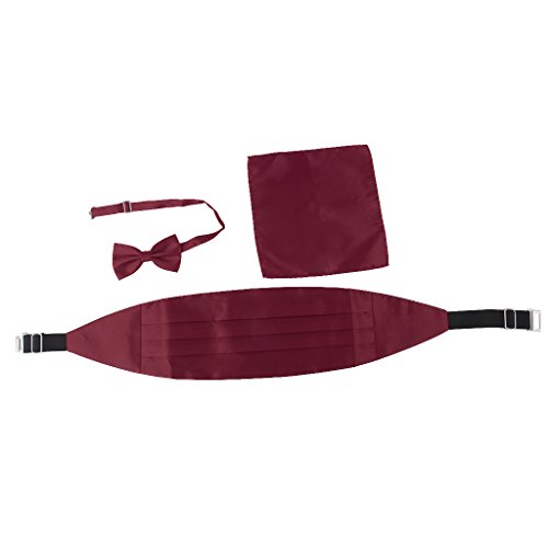3pcs Conjunto de Pajarita Lazo de Corbata Pañuelo Fajín Satén para Hombre (rojo de vino tinto)
