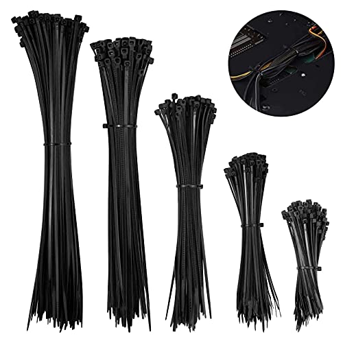 500 Pcs Bridas Plastico Negras Sujetacables de Plástico Cable Management Nylon Cables Resistencia a Altas Temperaturas 5 Tamaños: 100/150/200/250/300 mm