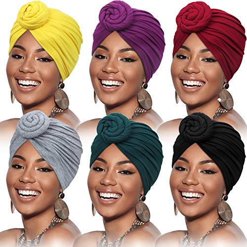 6 Piezas Turbantes Africanos de Mujeres Envoltura de Cabeza Gorro de Nudo Pre-Atado de Flores (marillo, Verde, Morado, Negro, Gris, Rojo Vino)