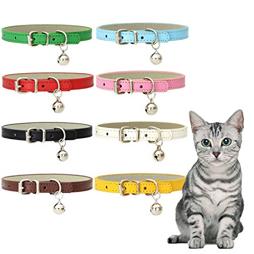 8 collares de piel para gatos con campanas, hechos a mano, con hebilla de metal pulido, duradero, ajustables, para animales pequeños, al aire libre, interior