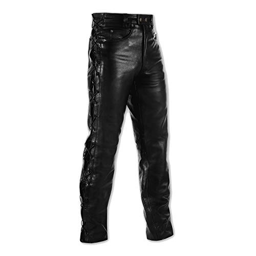 A-pro Mens Motorcycle Motorbike Biker Leather Pantalones vaqueros Laces Cruiser Black 36