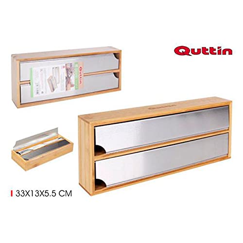 Acan Quttin - Dispensador de Papel de Aluminio para cajón, bambú, 33 x 13 x 5,5 cm. Expendedor Doble de Film Transparente, Acero Inoxidable, Cocina