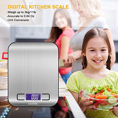 ADORIC Báscula Digital para Cocina de Acero Inoxidable, Balanza de Alimentos Multifuncional, Peso de Cocina, Color Plata (Baterías Incluidas) (Plateado)