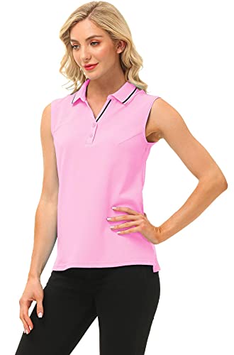 AjezMax Polo Mujer sin Mangas Verano Algodón Polo Trabajo Deportivo Yoga Golf Top con Botones A-Rosa S