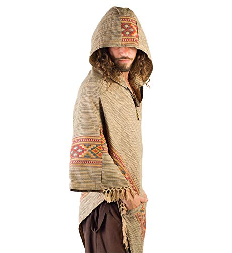 AJJAYA Poncho de lana yak marrón claro para hombre con capucha grande hecho a mano Primitivo Festival gitano mexicano tribal bordado alternativa