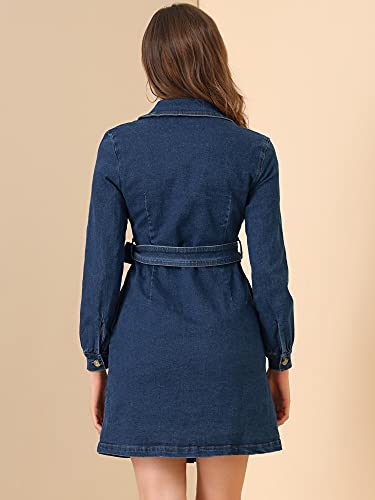 Allegra K Vestido de Mezclilla para Mujer, Cuello Vuelto, Doble Botonadura, Botones, Vestidos con cinturón Azul XL
