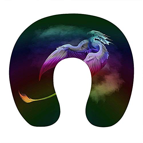 Almohada de viaje en forma de U de moda Cojín de apoyo para el descanso del cuello Almohada de descanso de viaje cómoda y transpirable para la siesta de avión / coche / oficina (Dragon Phoenix Rainbow