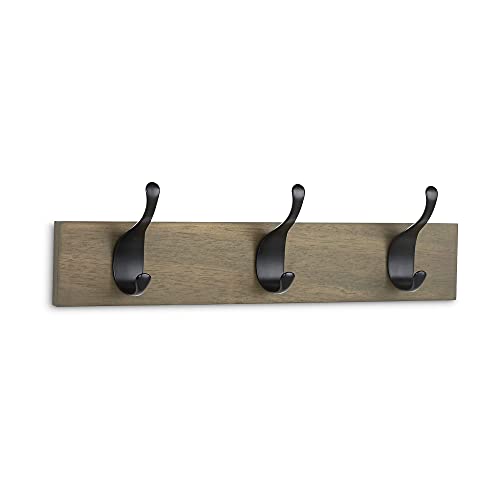 Amazon Basics - Perchero de madera de pared, 3 ganchos modernos 34 cm, Madera noble, 2 unidades
