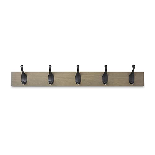 Amazon Basics - Perchero de madera de pared, 5 ganchos modernos 57 cm, Madera noble, 2 unidades