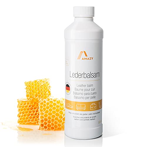 Amazy Bálsamo para cuero (500 ml) con cera de abeja | Cuidado universal para cuero liso y piel sintética – Adecuado para el cuidado y sellado de asientos de coche, zapatos de cuero, funda de piel