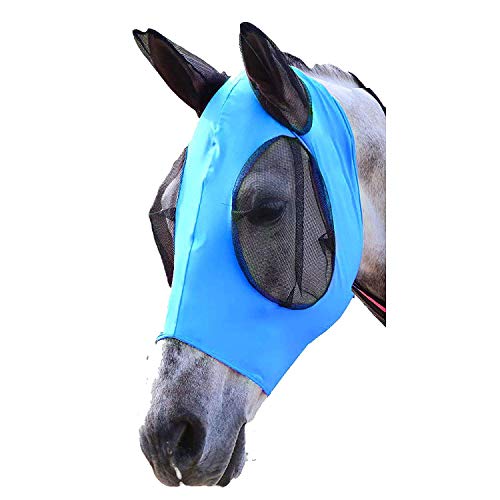 Anqi - Velo de mosca para caballo, protección UV para máscara de caballo, con ojos de malla, capucha para orejas y orejas, agarre cómodo, licra suave, malla, buena visibilidad, color azul