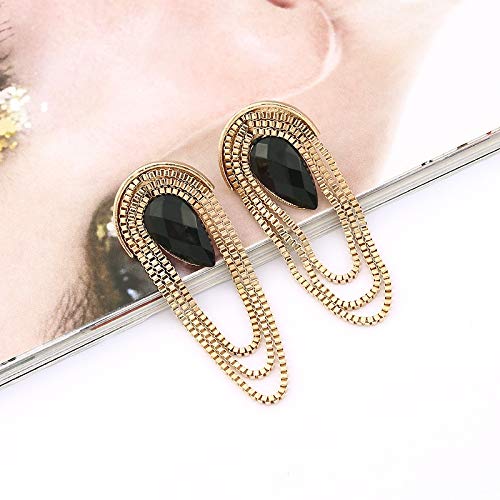 arete Pendientes Largos Con Borla Larga De Imitación De Piedras Preciosas Negras De Metal Festoneado Retro De Moda Grande Para Mujer