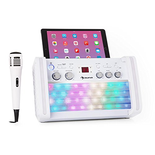 auna DiscoFever 2.0 - Equipo de Karaoke, Bluetooth, Función Eco, Reproductor CD-/CD+G, Iluminación LED Multicolor, Soporte para Tablets, Music2Light, 2 entradas micrófono, Micrófono de Mano, Blanco