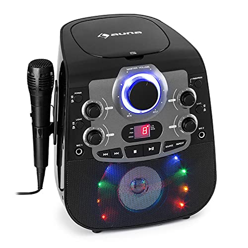 auna StarMaker 2.0 - Equipo de Karaoke, Bluetooth, CD, CD-R, CD-RW, CD-G, con micrófono, 2 entradas de micrófono, USB, Función Eco, Función de repetición, Pantalla y Luces LED, Salida A/V, Negro