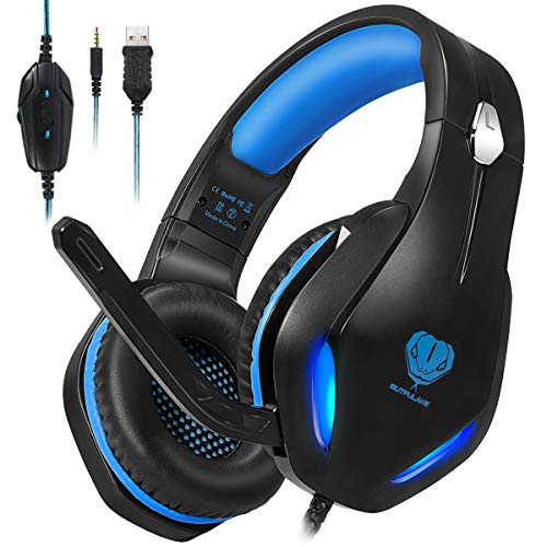 Auriculares para videojuegos con micrófono, auriculares profesionales de bajo ruido aislamiento sobre la oreja, con una tecla de silencio, luz LED para PC PS5, PS4, Xbox One (Negro-Azul)