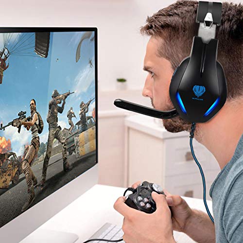 Auriculares para videojuegos con micrófono, auriculares profesionales de bajo ruido aislamiento sobre la oreja, con una tecla de silencio, luz LED para PC PS5, PS4, Xbox One (Negro-Azul)