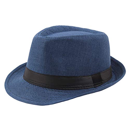 Baohooya Sombreros Hombre ala Ancha - Visera de Protección Solar Exterior de Sombrero de Lino Elegante Invierno Cálido Gorro Jazz (Azul)