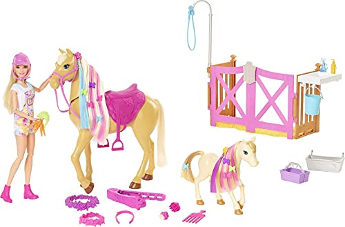 Barbie con Caballo y Poni Muñeca rubia con caballo y poni de juguete, accesorios de establo y para peinar, regalo para niñas y niños +3 años (Mattel HGB58)