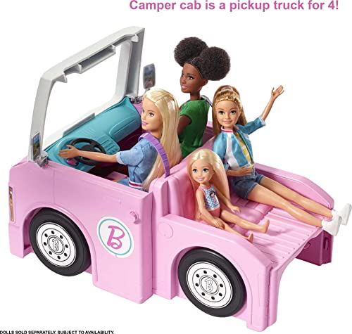 Barbie DreamCamper 3 en 1 - Autocaravana Transformable - Con Piscina, Camioneta y Barca - Rosa - 50 Accesorios - 1 m - Regalo para Niños de 3-7 Años