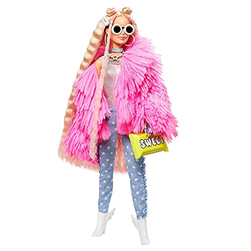 Barbie Extra n.º 3 - Muñeca Articulada con Abrigo Rosa y Mascota Unicornio-Cerdito - Incluye 15 Accesorios - Regalo para Niños de 3+ Años