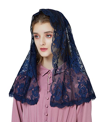 BEAUTELICATE Mantilla De Encaje Española Mujer Capilla Velo Pañuelo de Lglesia Católica Bordado Chal Bufanda Negra Azul Marino V115