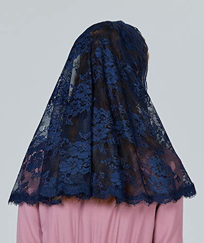 BEAUTELICATE Mantilla De Encaje Española Mujer Capilla Velo Pañuelo de Lglesia Católica Bordado Chal Bufanda Negra Azul Marino V115