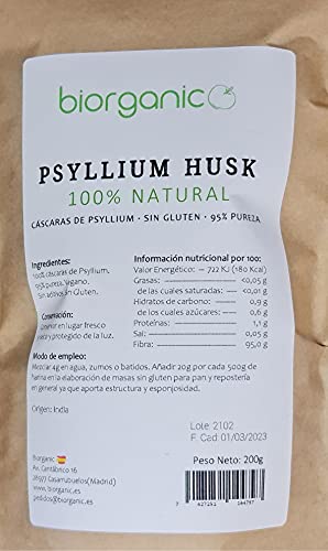 Biorganic Psyllium Husk 100% natural, 200g. Cáscaras de psyllium indio, rico en fibra y vegano. Saciante. Mejora el tracto intestinal.