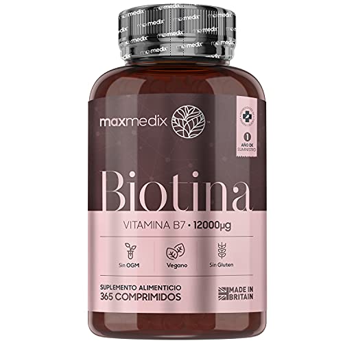 Biotina Natural 12000 mcg Dosis Alta, 365 Comprimidos Veganos - Suplemento Vitamínico Para Crecimiento del Cabello y Uñas, Contribuye al Metabolismo Energético Normal, Suministro para 1 Año