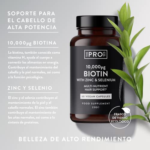 Biotina premium 10,000 mcg con zinc y selenio - Cápsulas veganas - Suplemento de alta resistencia para el crecimiento del cabello - Vitaminas para el cabello, la piel y las uñas - The Pro Co.