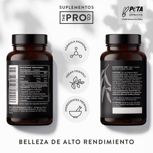 Biotina premium 10,000 mcg con zinc y selenio - Cápsulas veganas - Suplemento de alta resistencia para el crecimiento del cabello - Vitaminas para el cabello, la piel y las uñas - The Pro Co.