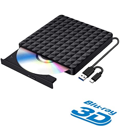 BLU Ray 3D Grabadora DVD Reproductor Externo Portátil USB 3.0 y USB Tipo C Grabadora de Quemador Regrabadora Lector de CD DVD Disco para Mac OS, Windows XP/7/8/10, Linux, PC