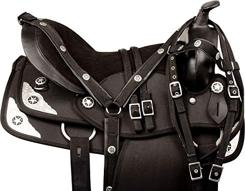 Blue Lake Silver Texas Star - Sillín de caballo sintético occidental con conjunto de tachuela y asiento cómodo (negro, 18 pulgadas)