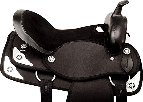 Blue Lake Silver Texas Star - Sillín de caballo sintético occidental con conjunto de tachuela y asiento cómodo (negro, 18 pulgadas)