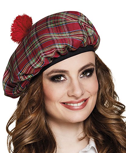 Boland 81225 – Baret Mrs. Tartán rojo a cuadros con borlas rojas, banda elástica, gorro escocesa, sombrero, Escocia, Highlands, disfraz, carnaval, fiesta temática