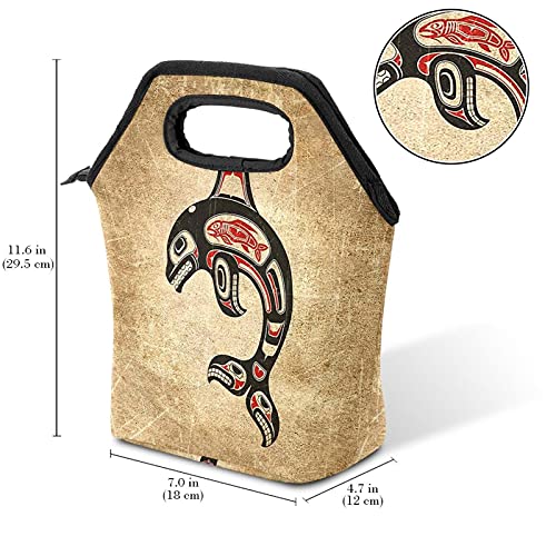 Bolsa de almuerzo práctica Caja de almuerzo portátil de alta capacidad Paquete Red Black Haida Spirit Orca para Trabajo de oficina Viajes escolares Mujeres Hombres