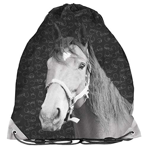 Bolsa de deporte para niños, 36 x 32 cm, diseño de caballo, color negro/gris