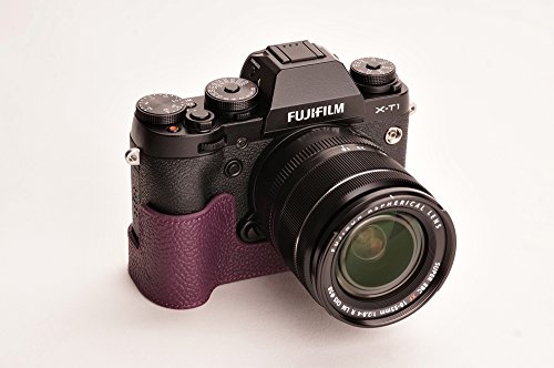 Bolsa TP genuino hecho a mano de cuero verdadero de la cubierta del caso La mitad de la cámara para Fujifilm X-T1 XT1 púrpura