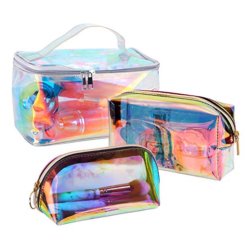 Bolsas de Aseo, Kit de 3 Piezas Neceser Playa de Viaje para Maquillaje Bolsa de Cosméticos Holográfico Impermeable con Cremallera para Hombre Mujer Vacación Baño y Viajes