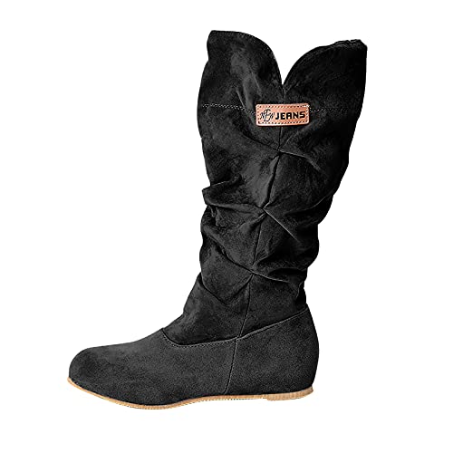 Botas de invierno de pantorrilla ancha para mujer, planas a media pantorrilla, holgadas, botas de piel cálida, con forro de nieve, zapatos de punta cerrada, zapatos altos, Black, 39.5 EU