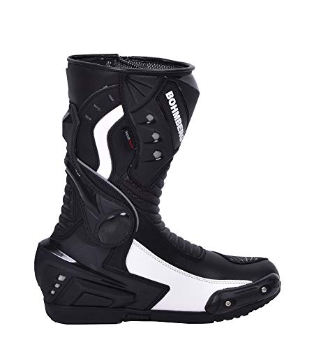 Botas de moto Hombre, botas de cuero deportivas, impermeables, de cuero, protectores rígidos integrados estables, con protección de tobillo, negro blanco - 42